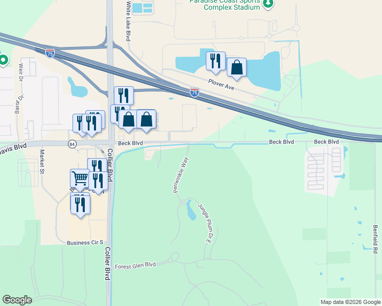 map of restaurants, bars, coffee shops, grocery stores, and more near 3532 Periwinkle Way in Naples