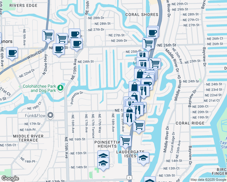 map of restaurants, bars, coffee shops, grocery stores, and more near 1801 Northeast 21st Street in Fort Lauderdale