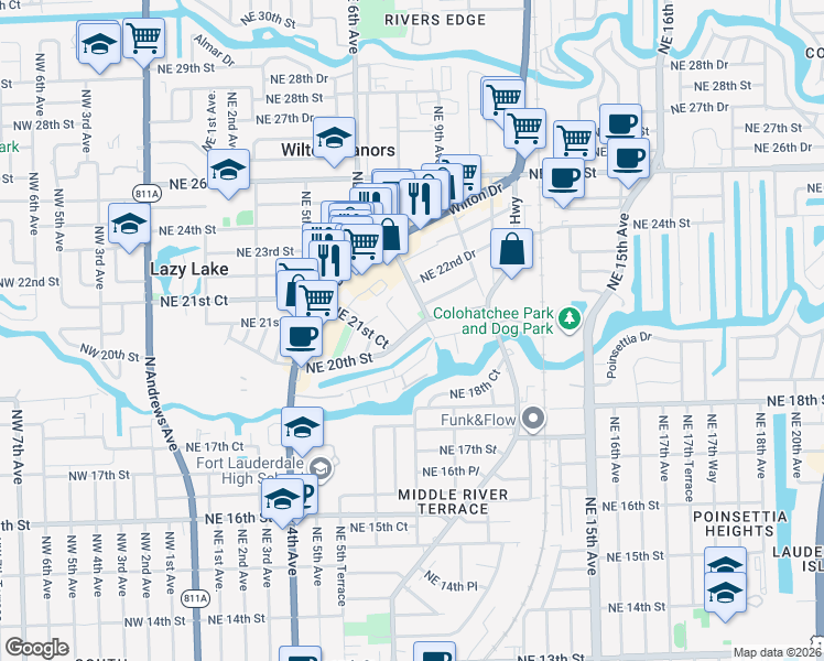 map of restaurants, bars, coffee shops, grocery stores, and more near 634 Northeast 20th Drive in Wilton Manors