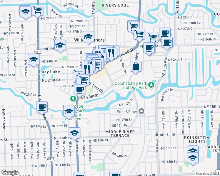 map of restaurants, bars, coffee shops, grocery stores, and more near 634 Northeast 20th Drive in Wilton Manors