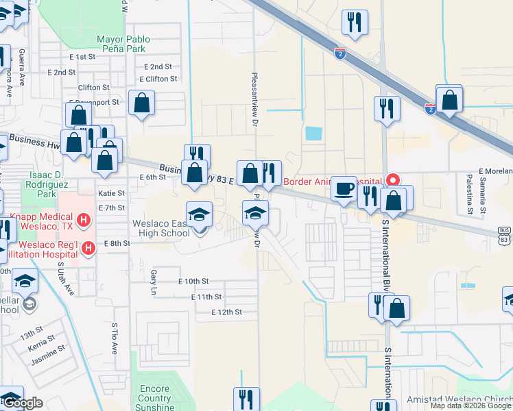 map of restaurants, bars, coffee shops, grocery stores, and more near 624 Pleasantview Drive in Weslaco