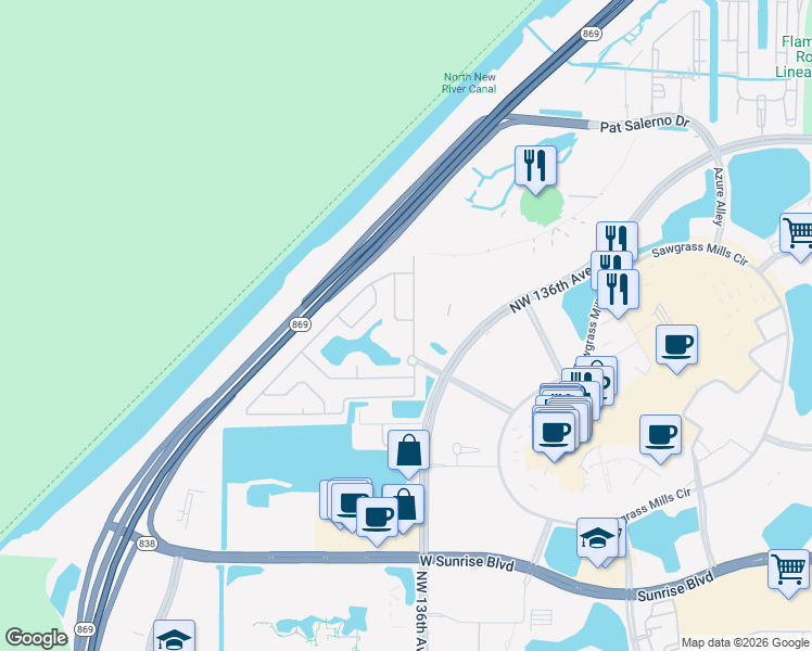 map of restaurants, bars, coffee shops, grocery stores, and more near 13708 Northwest 23rd Court in Sunrise