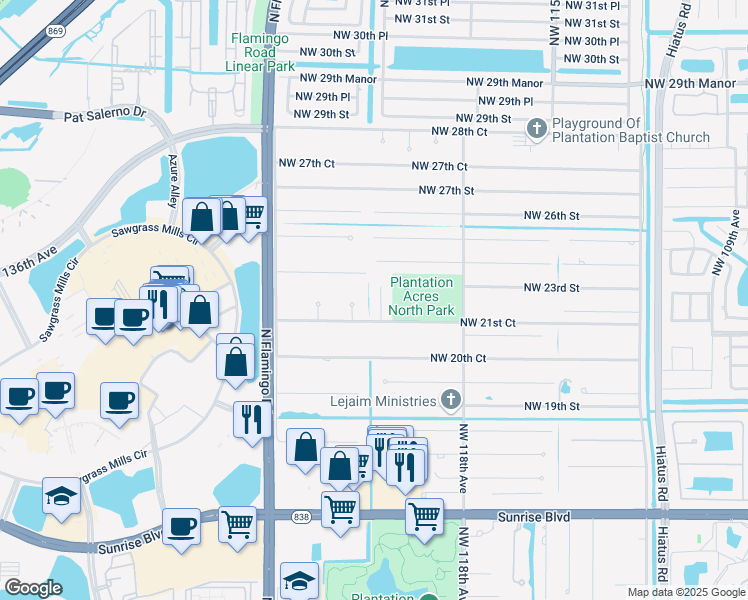 map of restaurants, bars, coffee shops, grocery stores, and more near 2201 Northwest 121st Avenue in Plantation