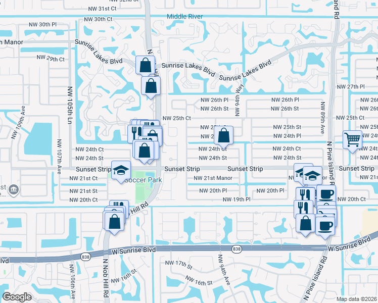 map of restaurants, bars, coffee shops, grocery stores, and more near 9790 Northwest 24th Court in Sunrise