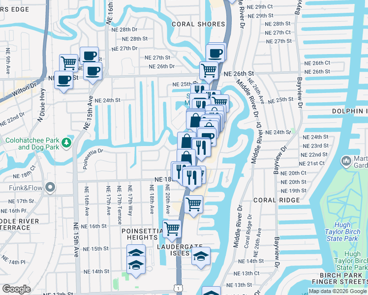 map of restaurants, bars, coffee shops, grocery stores, and more near 2036 Northeast 21st Avenue in Fort Lauderdale