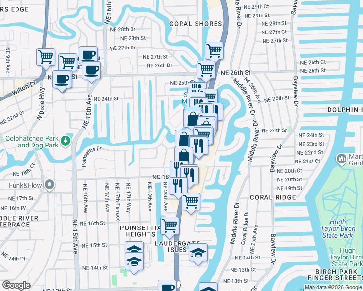 map of restaurants, bars, coffee shops, grocery stores, and more near 2036 Northeast 21st Avenue in Fort Lauderdale