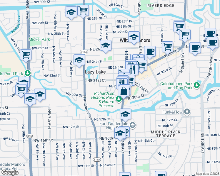 map of restaurants, bars, coffee shops, grocery stores, and more near 2015 Northeast 3rd Terrace in Wilton Manors