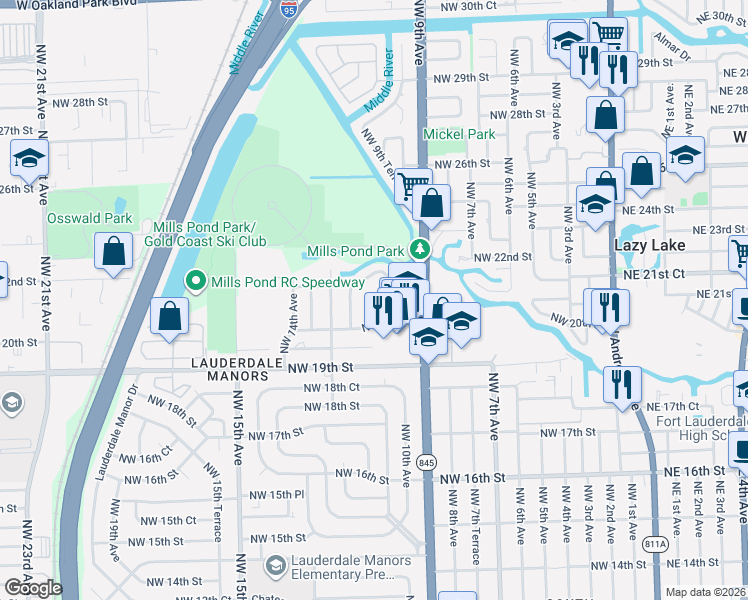map of restaurants, bars, coffee shops, grocery stores, and more near 2021 Northwest 10th Avenue in Fort Lauderdale