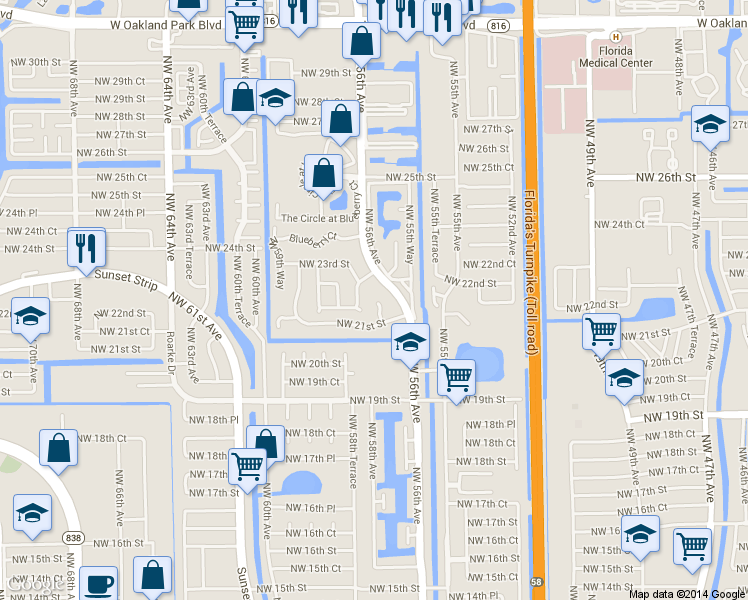map of restaurants, bars, coffee shops, grocery stores, and more near 2128 Northwest 57th Avenue in Lauderhill
