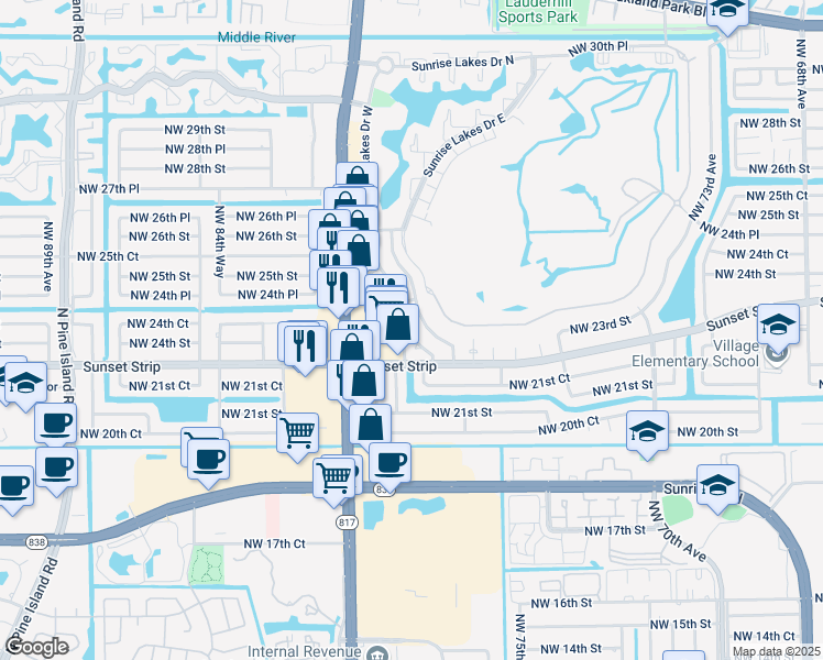 map of restaurants, bars, coffee shops, grocery stores, and more near 2270 Northwest 81st Terrace in Sunrise