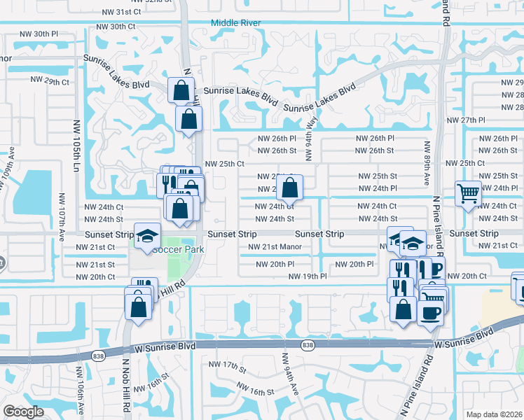map of restaurants, bars, coffee shops, grocery stores, and more near 9650 Northwest 24th Court in Sunrise