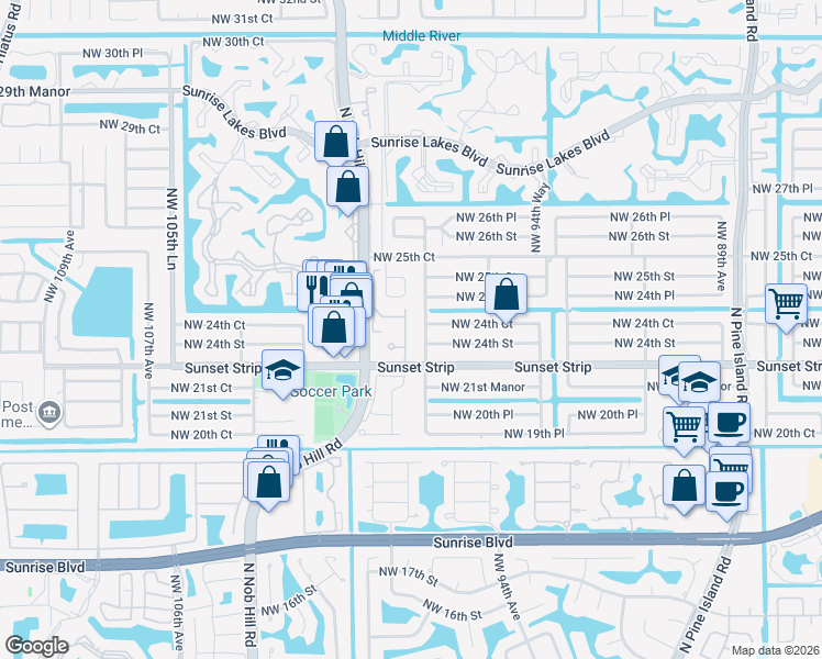 map of restaurants, bars, coffee shops, grocery stores, and more near 2441 Northwest 98th Lane in Sunrise