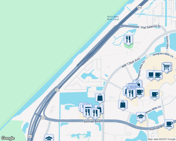 map of restaurants, bars, coffee shops, grocery stores, and more near 2360 Northwest 138th Drive in Sunrise