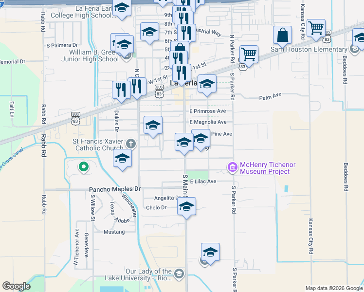 map of restaurants, bars, coffee shops, grocery stores, and more near 504 Farm to Market 506 in La Feria