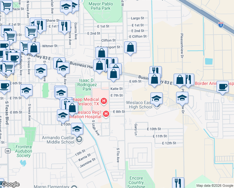 map of restaurants, bars, coffee shops, grocery stores, and more near 1513 East 7th Street in Weslaco