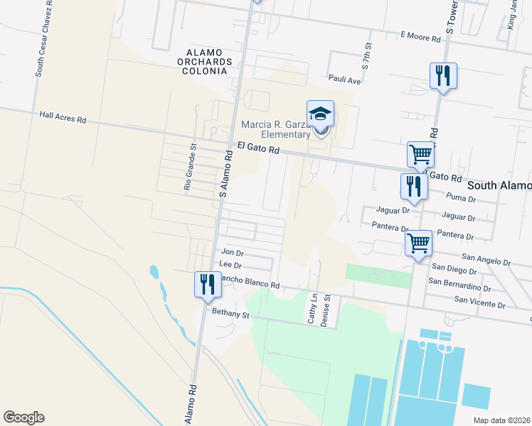 map of restaurants, bars, coffee shops, grocery stores, and more near 913 Trinity Street in Alamo