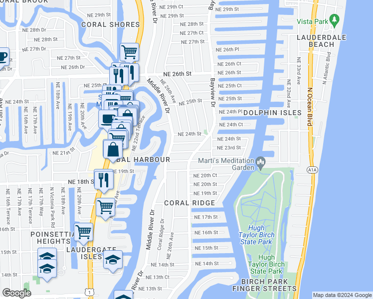 map of restaurants, bars, coffee shops, grocery stores, and more near 2609 Northeast 22nd Street in Fort Lauderdale