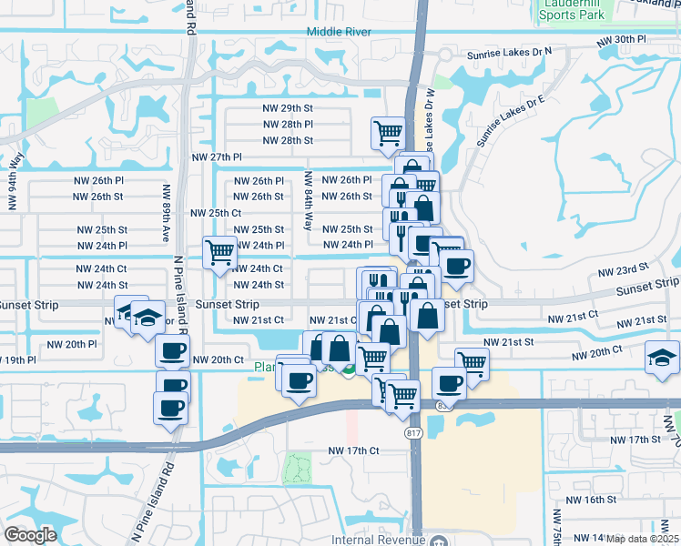 map of restaurants, bars, coffee shops, grocery stores, and more near 8370 Northwest 24th Court in Sunrise