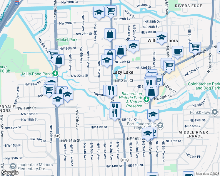 map of restaurants, bars, coffee shops, grocery stores, and more near 2101 North Andrews Avenue in Fort Lauderdale