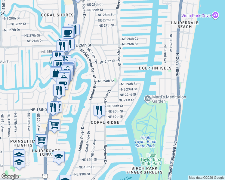map of restaurants, bars, coffee shops, grocery stores, and more near 2725 Northeast 22nd Street in Fort Lauderdale