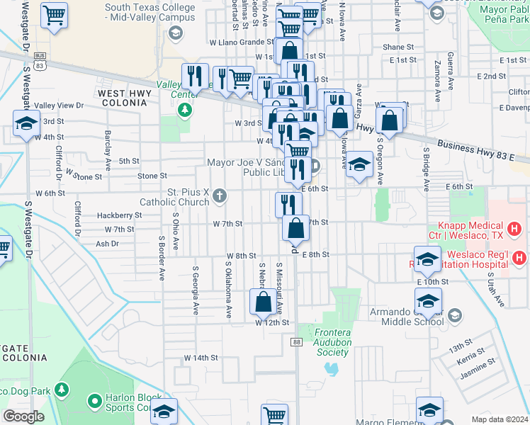 map of restaurants, bars, coffee shops, grocery stores, and more near 620 South Missouri Avenue in Weslaco
