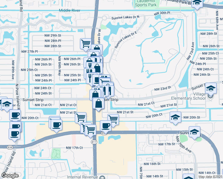 map of restaurants, bars, coffee shops, grocery stores, and more near 2270 Northwest 81st Terrace in Sunrise