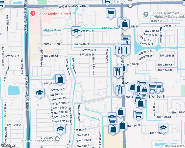 map of restaurants, bars, coffee shops, grocery stores, and more near 2111 Northwest 43 Terrace in Lauderhill