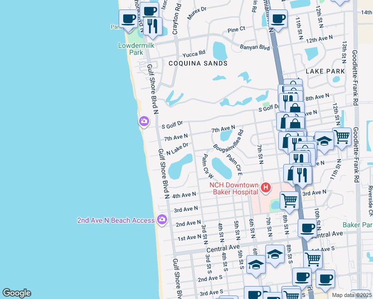 map of restaurants, bars, coffee shops, grocery stores, and more near 230 North Lake Drive in Naples