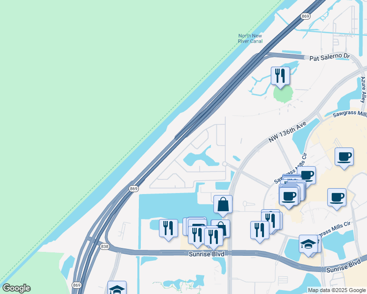 map of restaurants, bars, coffee shops, grocery stores, and more near 2333 Northwest 139th Avenue in Sunrise