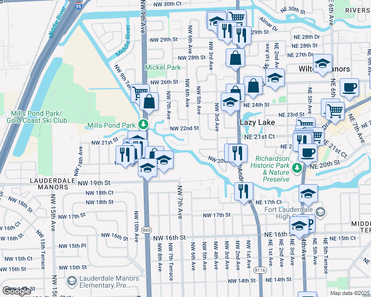 map of restaurants, bars, coffee shops, grocery stores, and more near 616 Northwest 21st Street in Wilton Manors