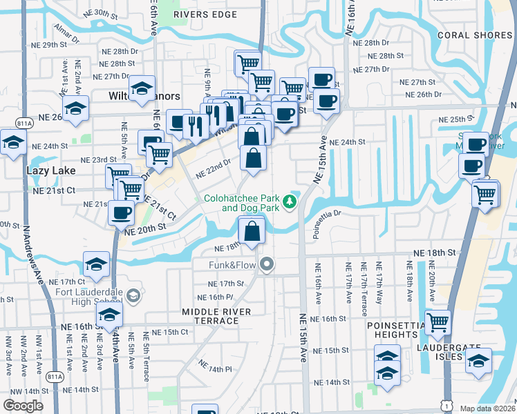 map of restaurants, bars, coffee shops, grocery stores, and more near 5 Riverside Place in Wilton Manors