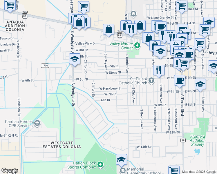 map of restaurants, bars, coffee shops, grocery stores, and more near 1010 Hackberry Drive in Weslaco
