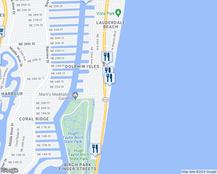map of restaurants, bars, coffee shops, grocery stores, and more near 2000 North Ocean Boulevard in Fort Lauderdale
