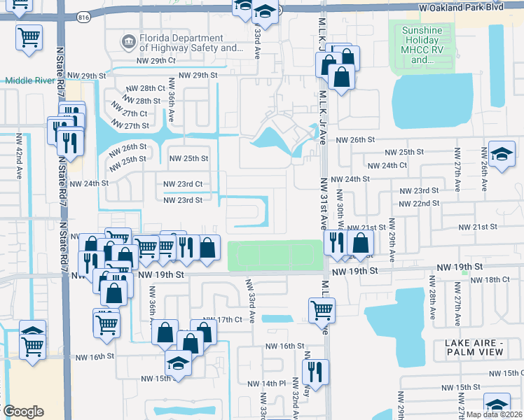 map of restaurants, bars, coffee shops, grocery stores, and more near 3345 Northwest 22nd Street in Lauderdale Lakes
