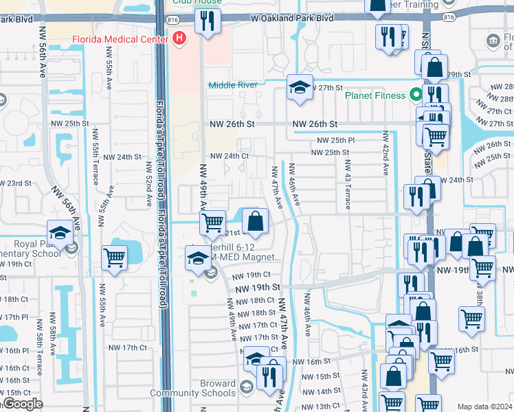 map of restaurants, bars, coffee shops, grocery stores, and more near 4750 Northwest 22nd Court in Lauderhill
