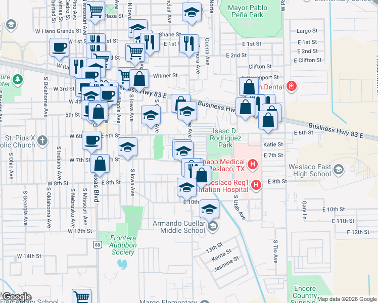 map of restaurants, bars, coffee shops, grocery stores, and more near 1201 South Bridge Avenue in Weslaco