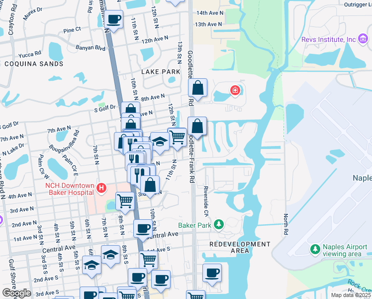 map of restaurants, bars, coffee shops, grocery stores, and more near 542 11th Street North in Naples