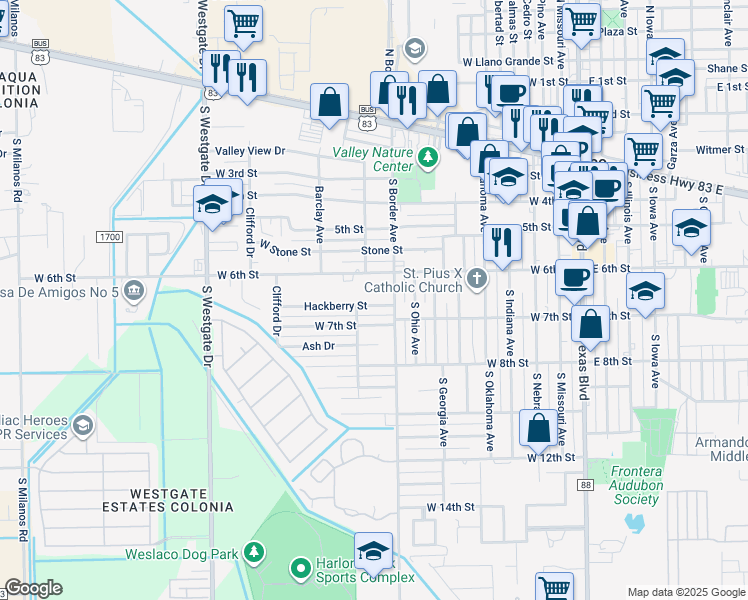 map of restaurants, bars, coffee shops, grocery stores, and more near 906 Hackberry Street in Weslaco