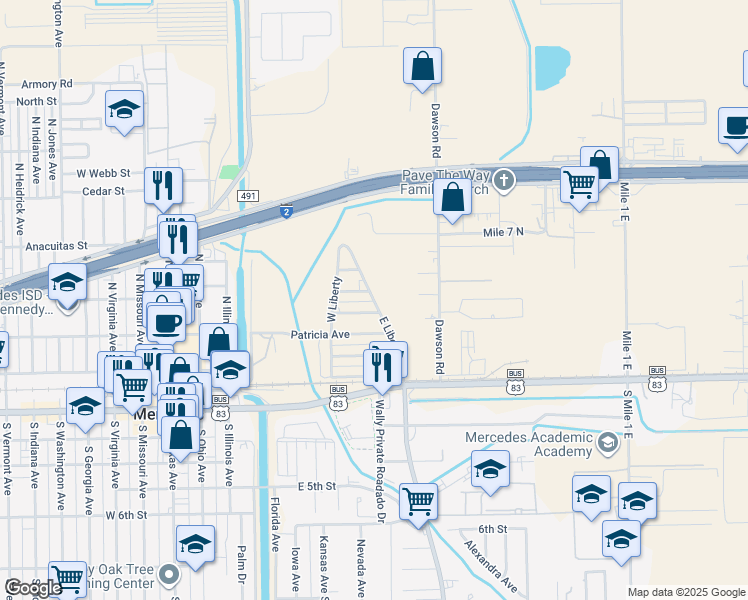 map of restaurants, bars, coffee shops, grocery stores, and more near 418 East Liberty Street in Mercedes