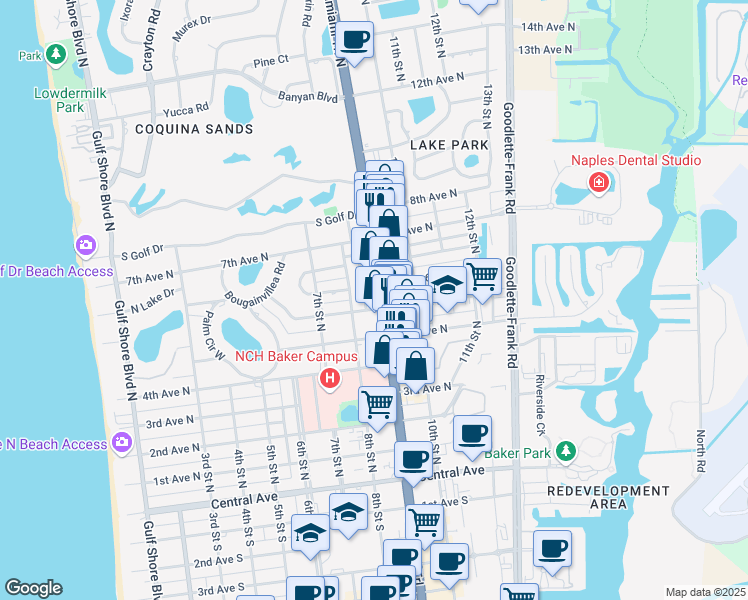 map of restaurants, bars, coffee shops, grocery stores, and more near 620 9th Street North in Naples