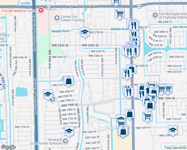 map of restaurants, bars, coffee shops, grocery stores, and more near 4430 Northwest 22nd Street in Lauderhill