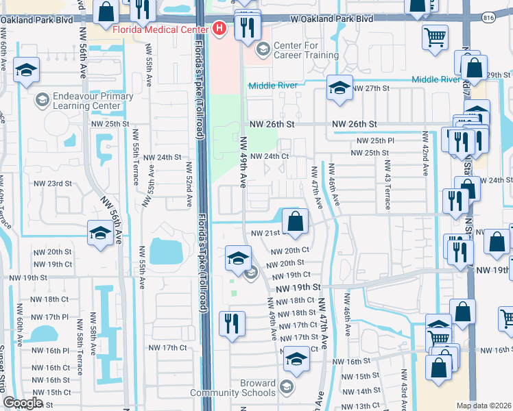 map of restaurants, bars, coffee shops, grocery stores, and more near 4881 Northwest 22nd Street in Lauderhill