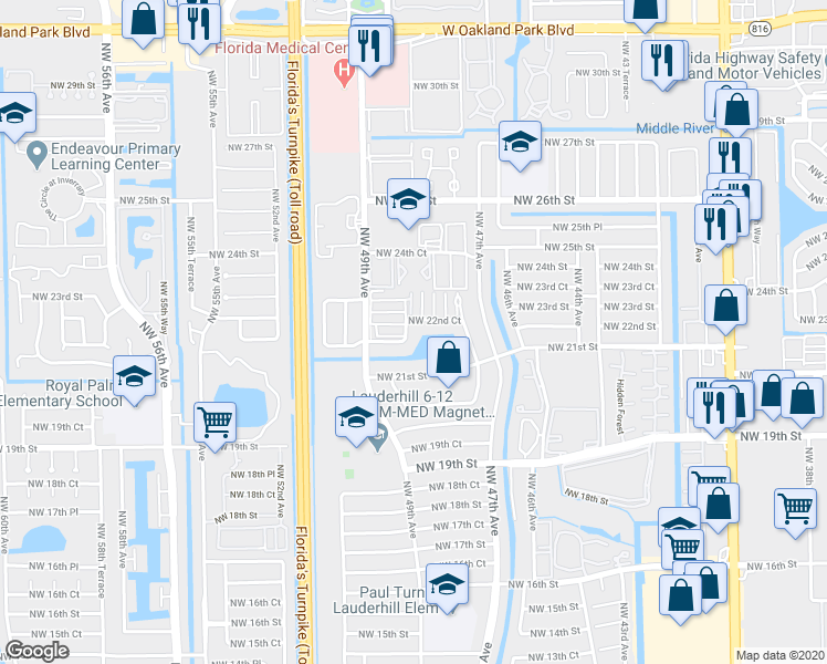map of restaurants, bars, coffee shops, grocery stores, and more near 4850 Northwest 22nd Court in Lauderhill