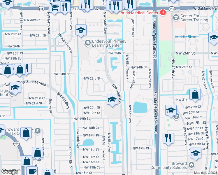 map of restaurants, bars, coffee shops, grocery stores, and more near 2128 Northwest 57th Avenue in Lauderhill