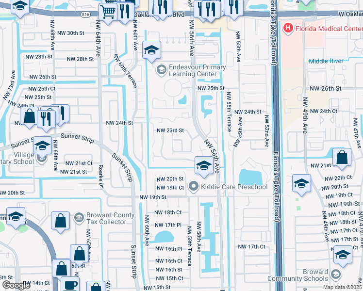 map of restaurants, bars, coffee shops, grocery stores, and more near 2221 Northwest 58th Avenue in Lauderhill