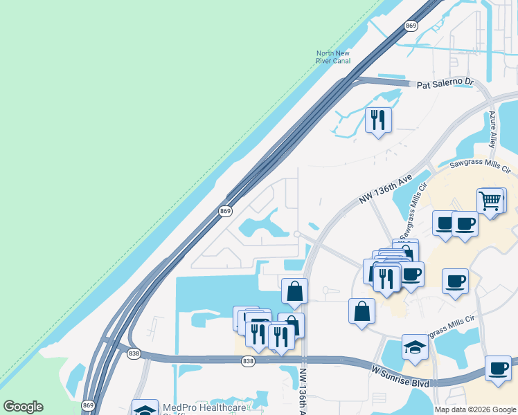 map of restaurants, bars, coffee shops, grocery stores, and more near 2355 Northwest 138th Drive in Sunrise