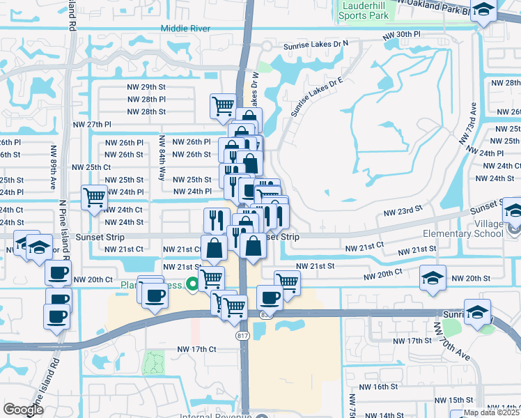 map of restaurants, bars, coffee shops, grocery stores, and more near 2320-2430 North University Drive in Sunrise