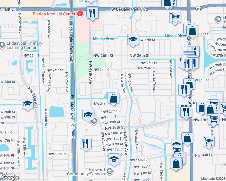 map of restaurants, bars, coffee shops, grocery stores, and more near 4750 Northwest 22nd Court in Lauderhill
