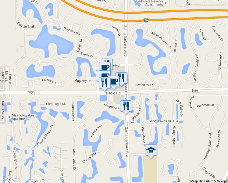 map of restaurants, bars, coffee shops, grocery stores, and more near 7083 Radio Road in Naples