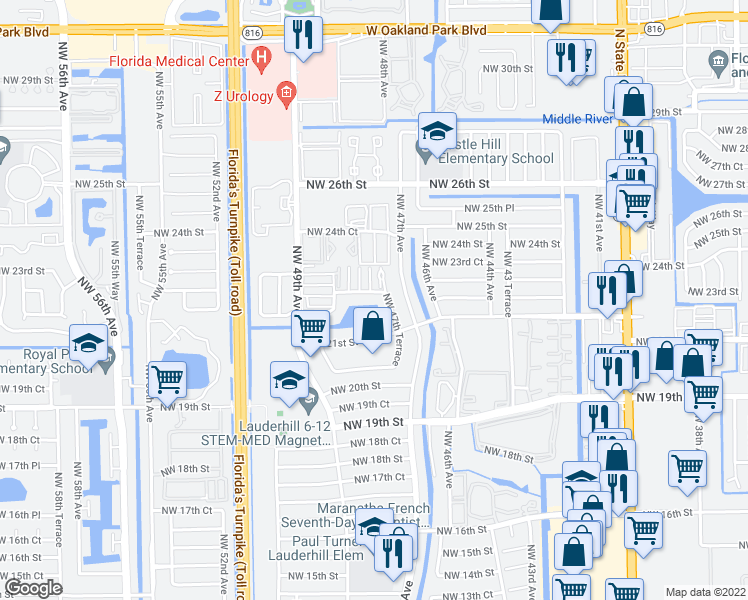 map of restaurants, bars, coffee shops, grocery stores, and more near 4750 Northwest 22nd Court in Lauderhill
